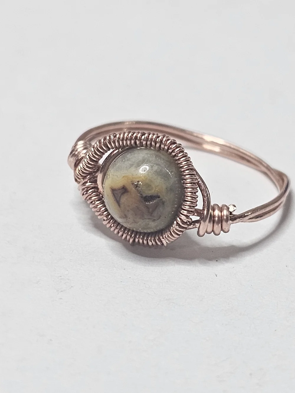 Copper Wire-Wrapped Grounding Jasper Ring - Green Jasper Center